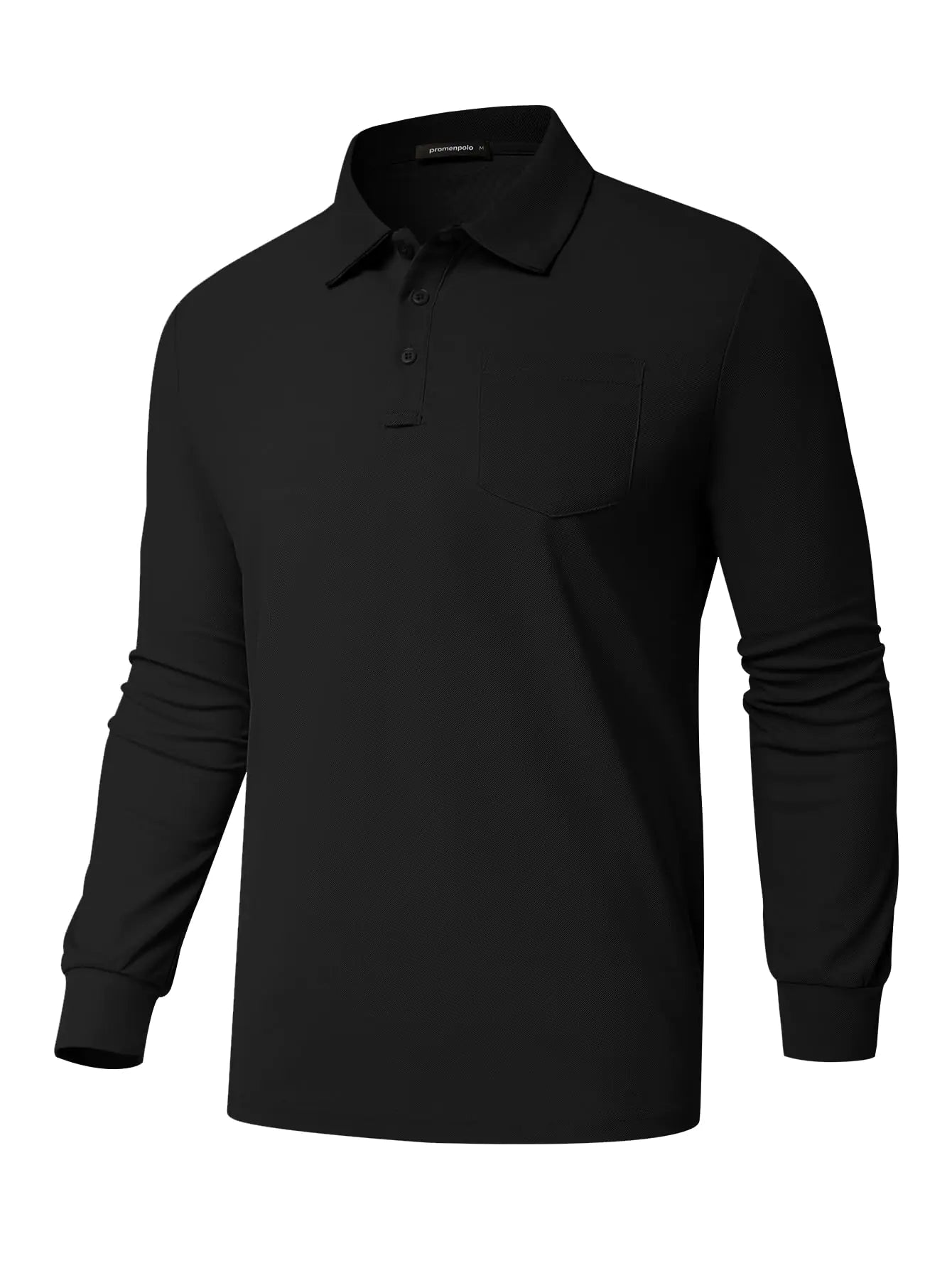 Promen polo Mens Classic Long Sleeve Polo Shirts Casual Solid Polo Top Golf Shirts with Pocket Black S