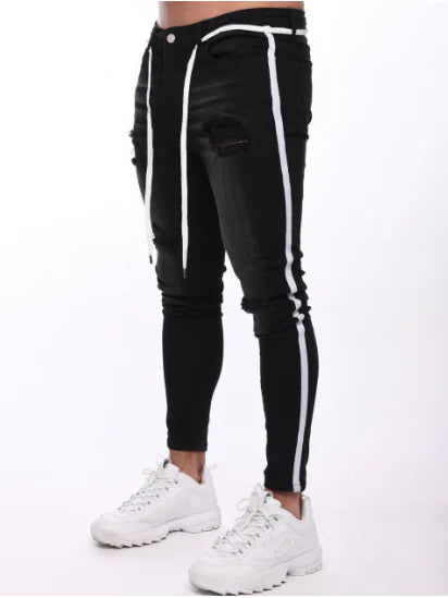Slim-Fit Striped Men's Jeans with Holes