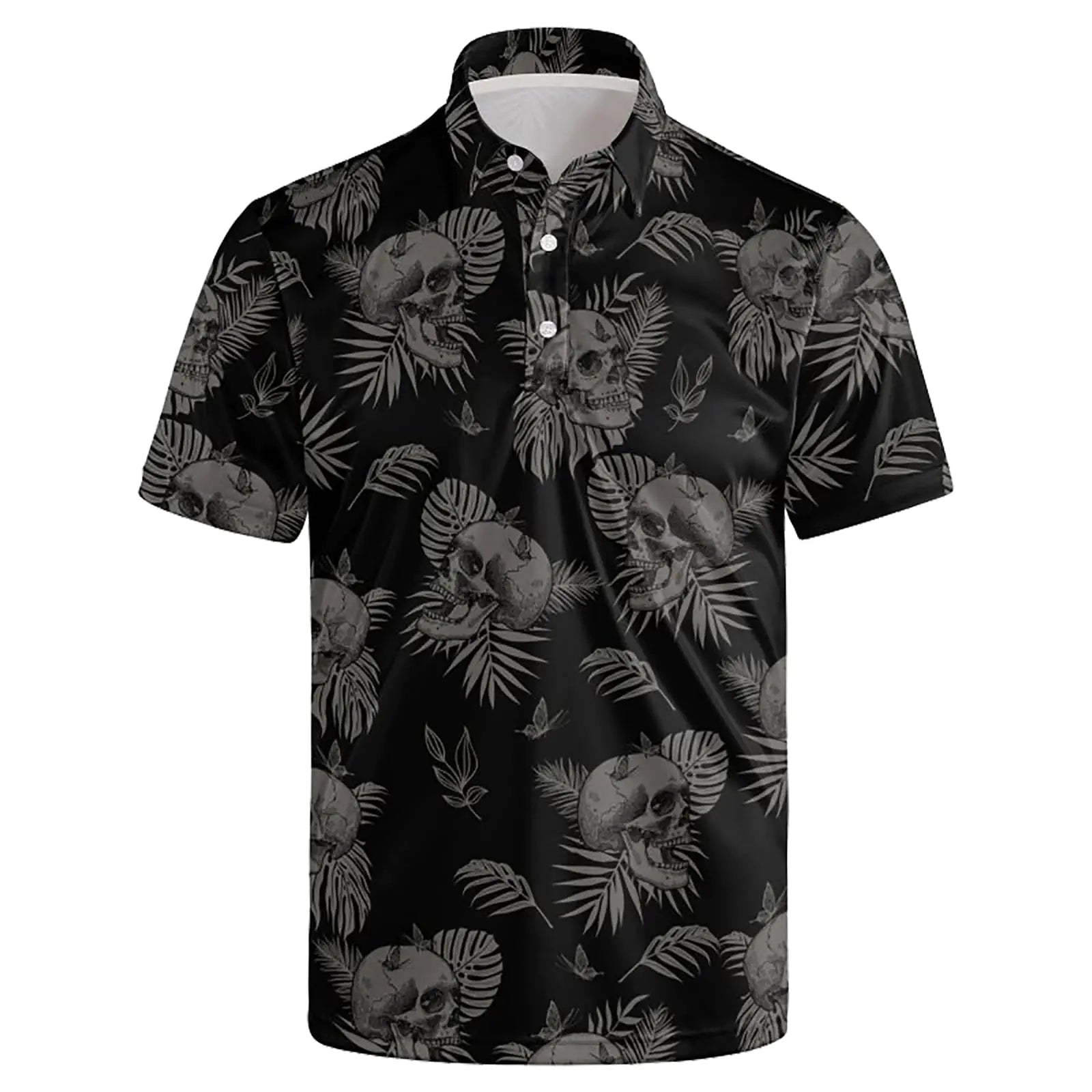 Qavhigk Mens Polo Shirts Skull Golf Shirts Quick-Dry Moisture Wicking Polo Shirts Hawaiian Short Sleeve Golf Polo Shirts Black 4XL