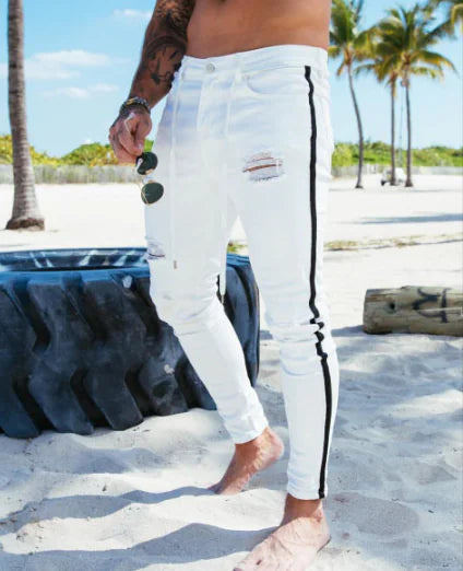 Slim-Fit Striped Men's Jeans with Holes