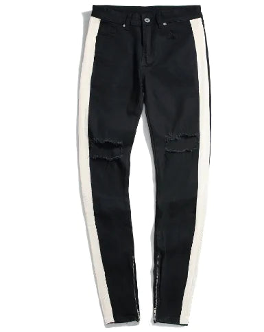 Black and White Slim-Fit Stretch Jeans with Holes